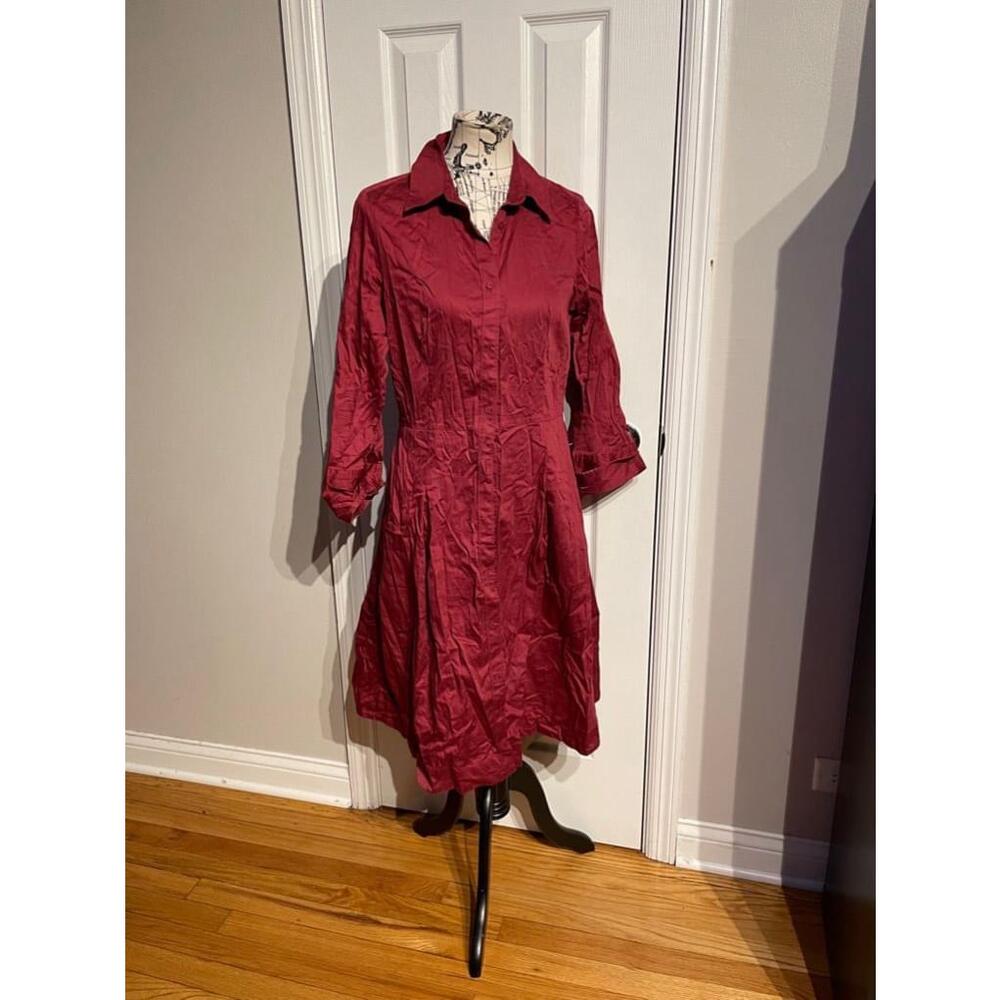🎯NWOT Talbots Shirt Dress Cotton Maroon 3/4 Sleeve vibrant flare maroon 10